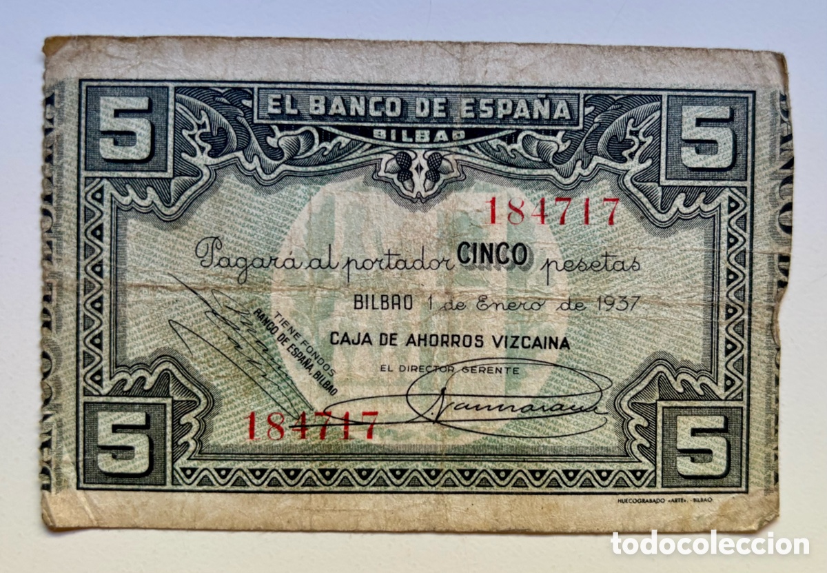 Billetes espa&ntilde;oles: Billete BILBAO 5 Pesetas 1937. Caja de Ahorros Vizca&iacute;na