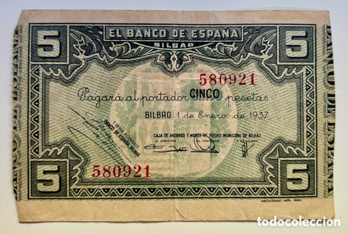 Billetes espa&ntilde;oles: Billete BILBAO 5 Pesetas 1937. Caja de Ahorros y Monte Piedad de Bilbao