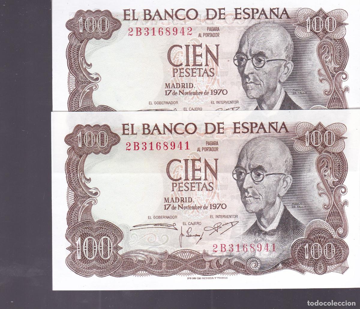 Billetes espa&ntilde;oles: AA22-Dos BILLETES FALLA 100 Ptas 1970. Numeracion Consecutiva . SIN CIRCULAR