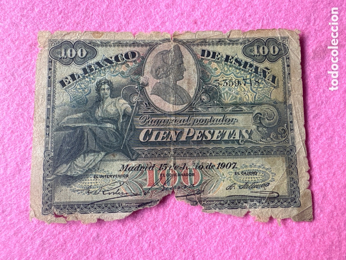 Billetes espa&ntilde;oles: Billete alegor&iacute;as, 100 pesetas de 1907 (A5)