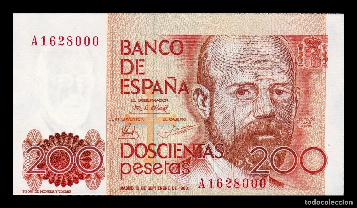 Billetes espa&ntilde;oles: Espa&ntilde;a Error descentrado 200 Pesetas L. Alas Clar&iacute;n 1980 Pick 156 Serie A Sc Unc