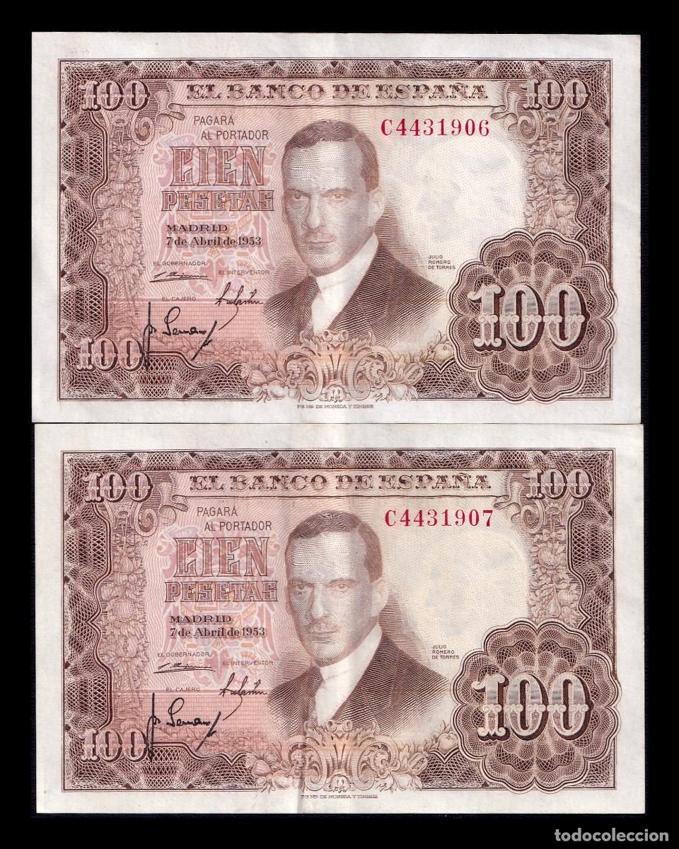 Billetes espa&ntilde;oles: Espa&ntilde;a Pareja Correlativa 100 Pesetas J. Romero de Torres 1953 Pick 145 Serie C Ebc Xf