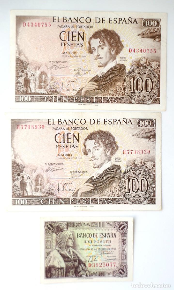 Billetes espa&ntilde;oles: LOTE DOS BILLETES DE 100 PESETAS DE 1965 Y UNA PESETA DE 1945.