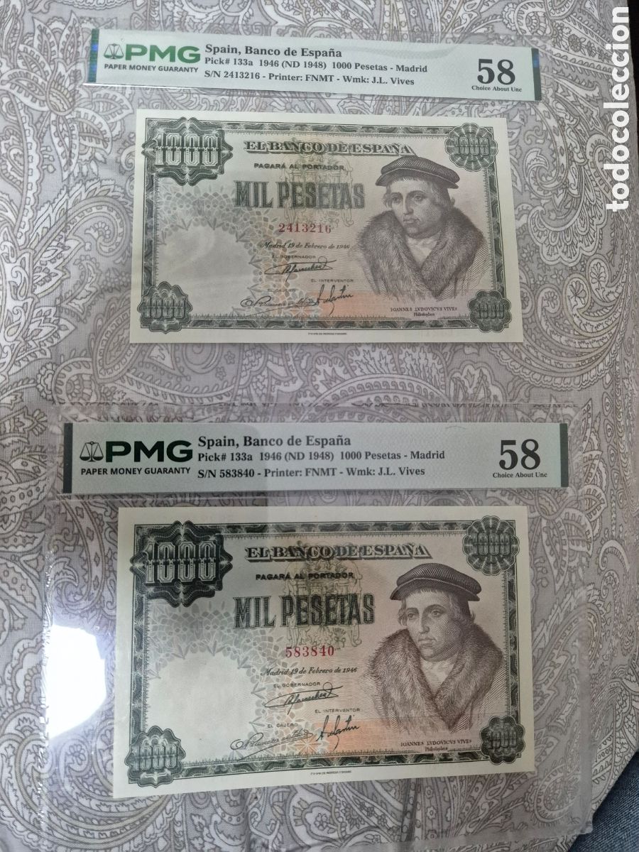Billetes espa&ntilde;oles: 2 Billetes de Espa&ntilde;a pmg 58