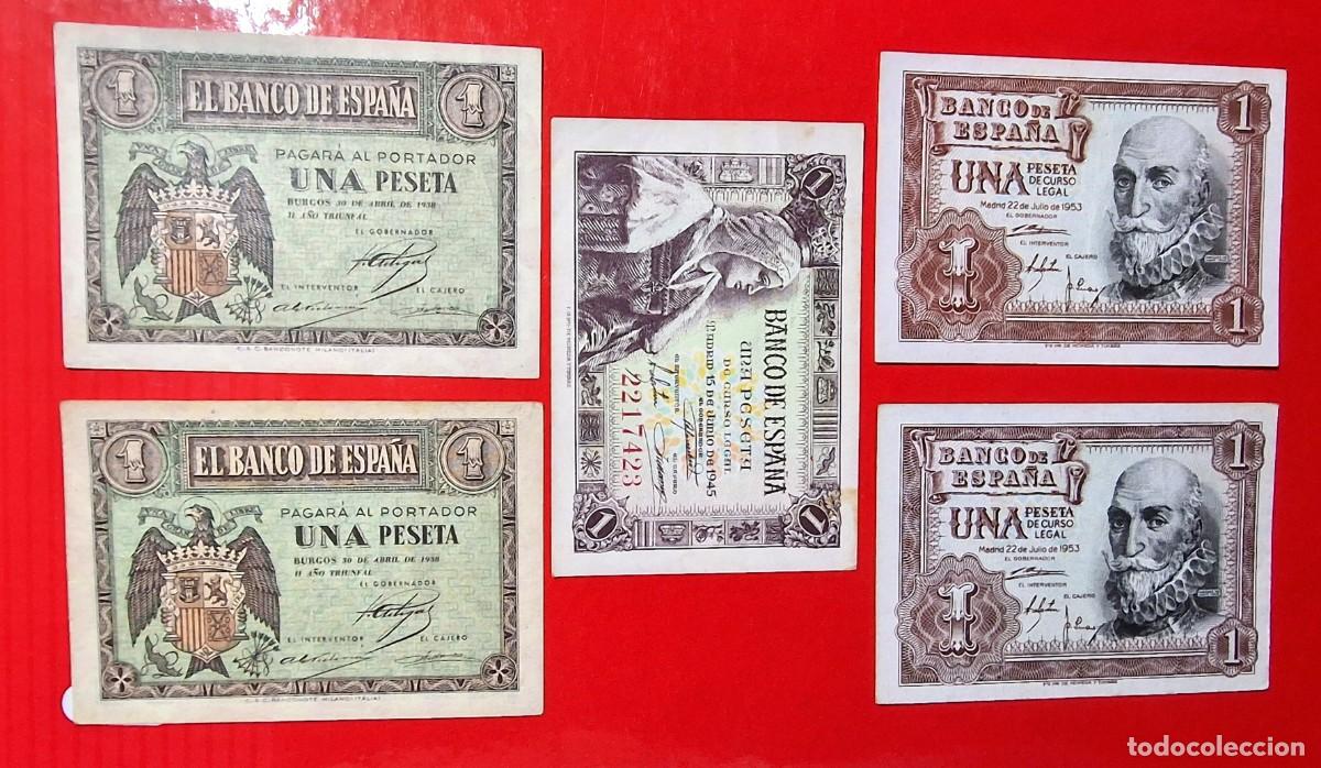 Billetes espa&ntilde;oles: LOTE 5 BILLETES SERIES &Oacute; NUMEROS RAROS |SOLO ACEPTO PAYPAL| BILLETE 1 PESETA 1938 1943 1953 LEE