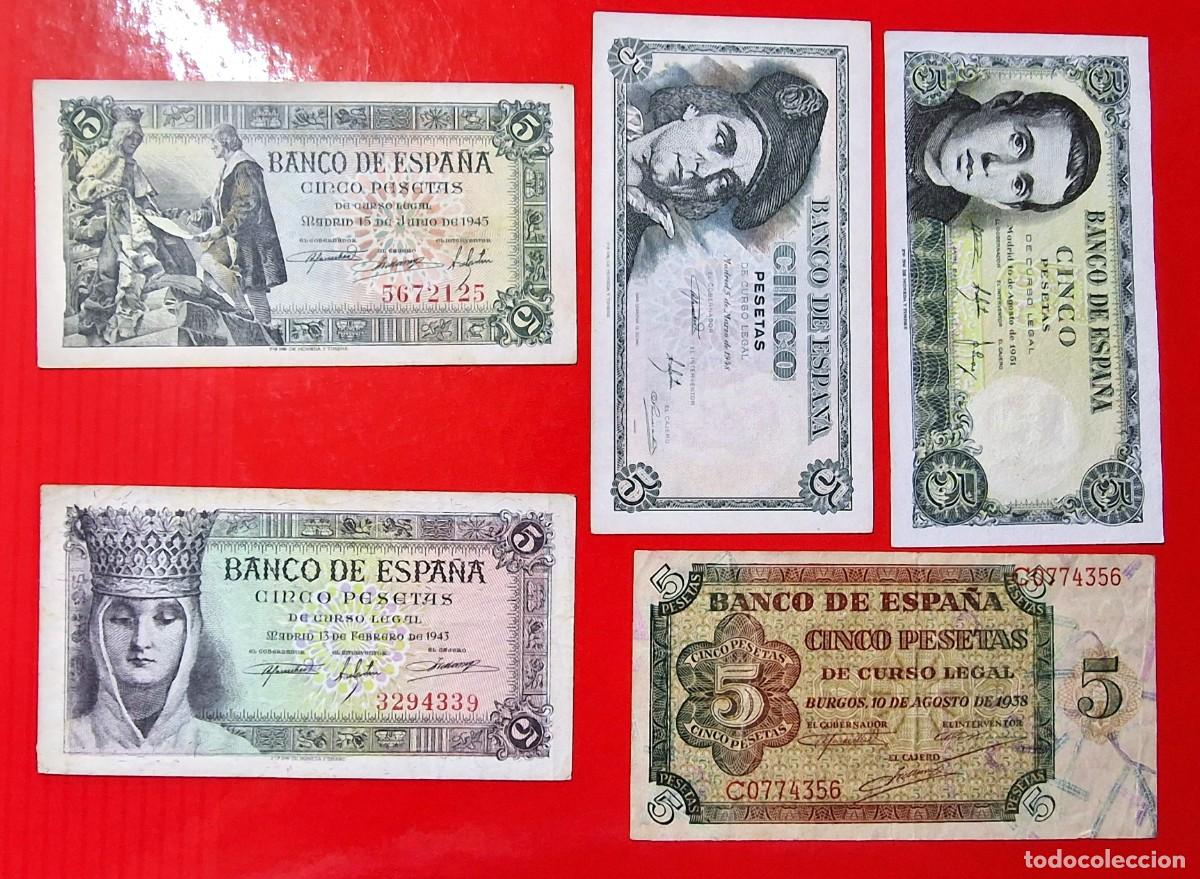 Billetes espa&ntilde;oles: LOTE 5 BILLETES VARIOS SIN SERIE RAROS |SOLO ACEPTO PAYPAL| BILLETE 5 PESETAS 1938 1943 1945 48 LEE