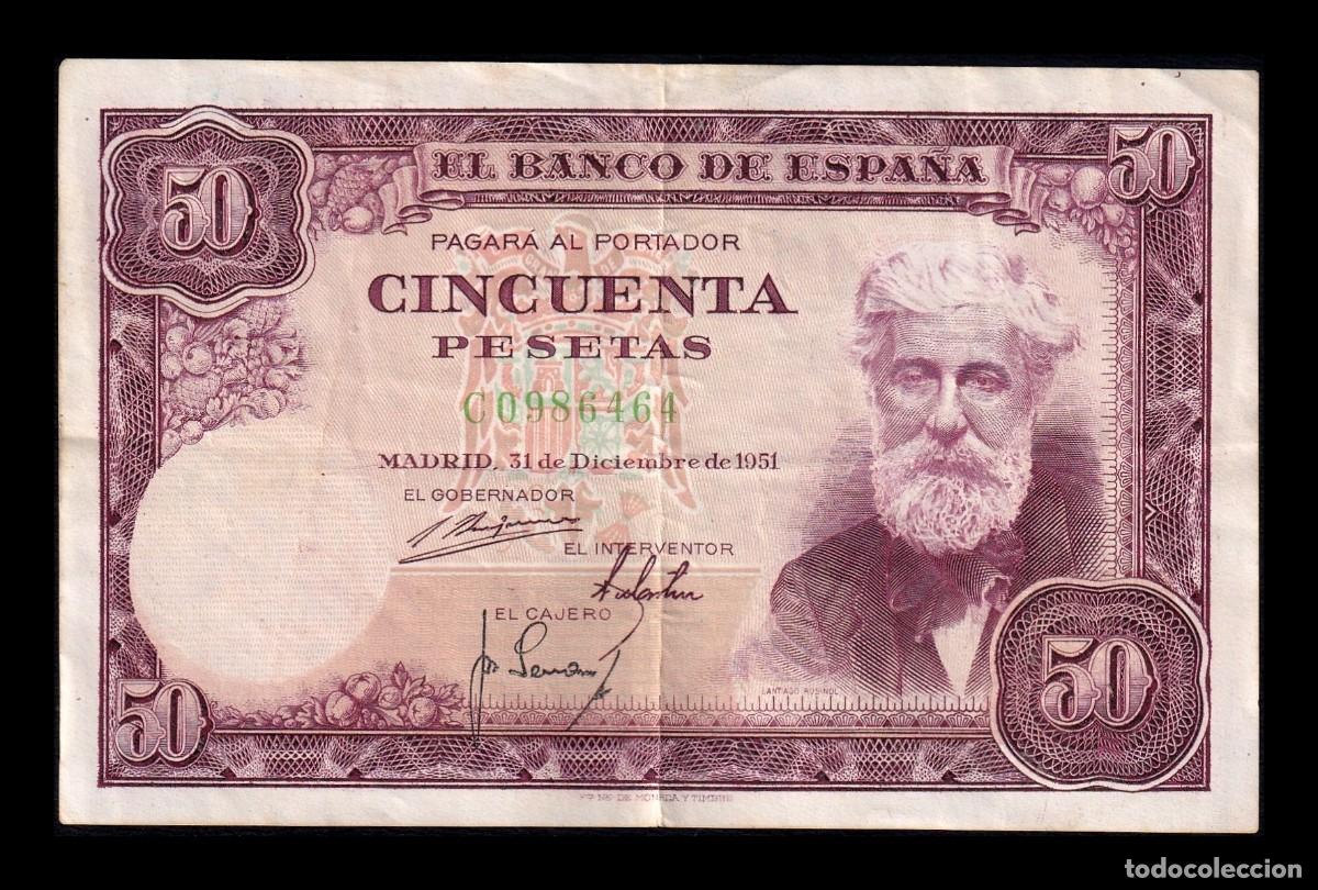 Billetes espa&ntilde;oles: Espa&ntilde;a 50 Pesetas Santiago Rusi&ntilde;ol 1951 Pick 141 Serie C Mbc/+ Vf/+