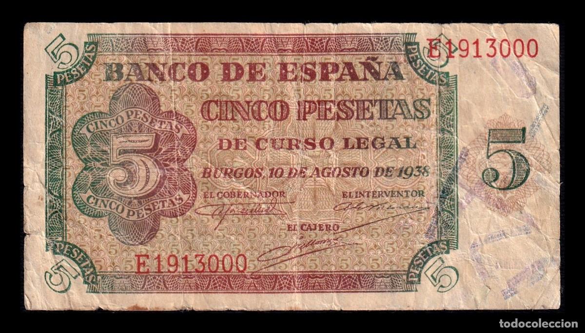 Billetes espa&ntilde;oles: Espa&ntilde;a 5 Pesetas Burgos 1938 Pick 110 Serie E Bc F