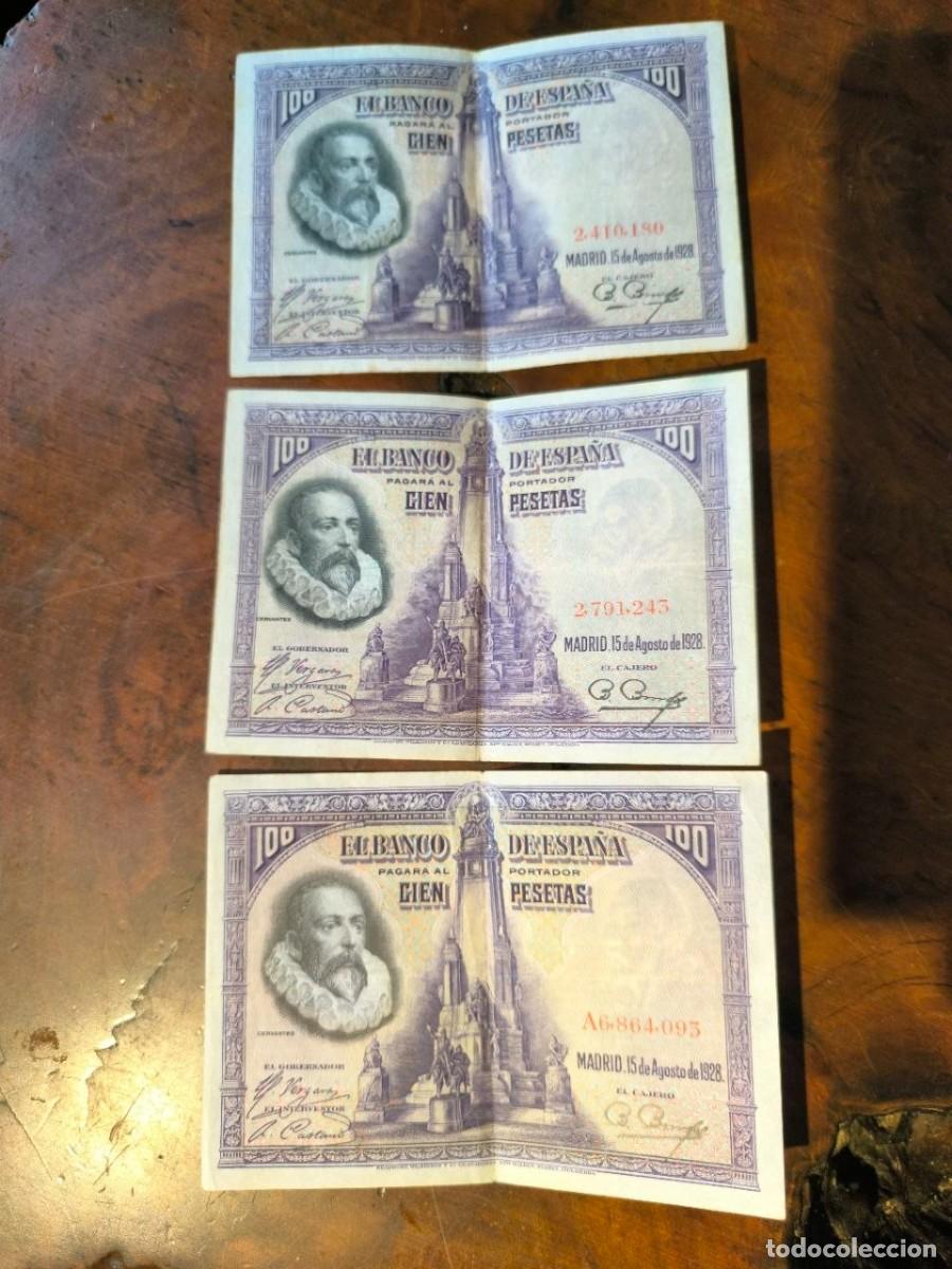 Billetes espa&ntilde;oles: 3 BILLETES DE CIEN PESETAS 100 ptas. 15 agosto 1928. Cervantes; Encuentro de Don Quijote