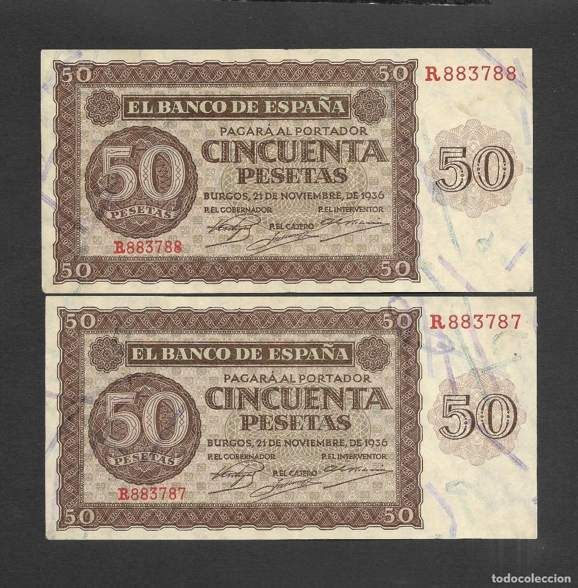 Billetes espa&ntilde;oles: PAREJA CORRELATIVA 50 PESETAS 1936 SERIE R EBC+
