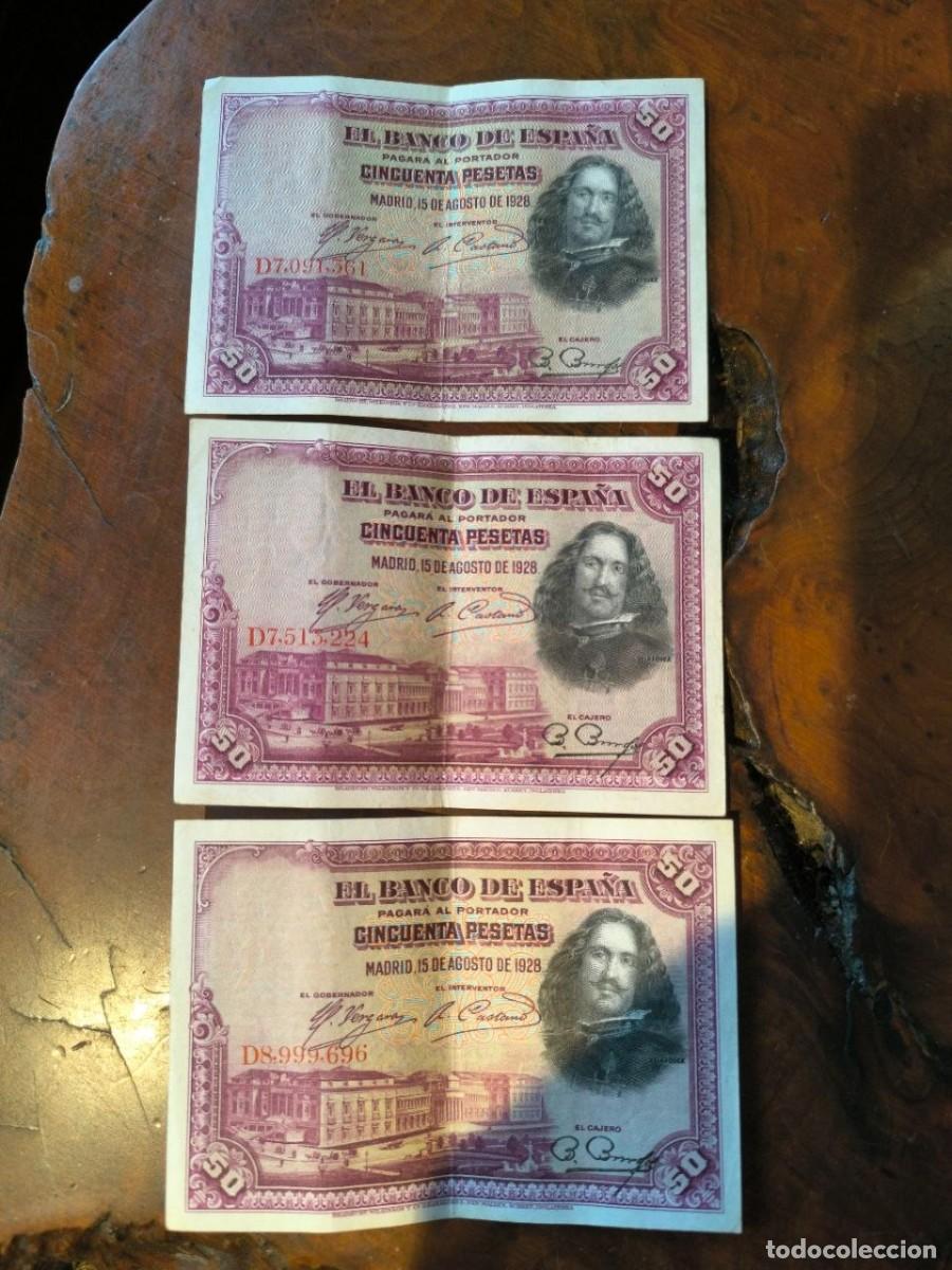 Billetes espa&ntilde;oles: 3 Billetes Banco de Espa&ntilde;a. Cincuenta 50 pesetas. 1928. SC. Serie D. Velazquez BUEN ESTADO