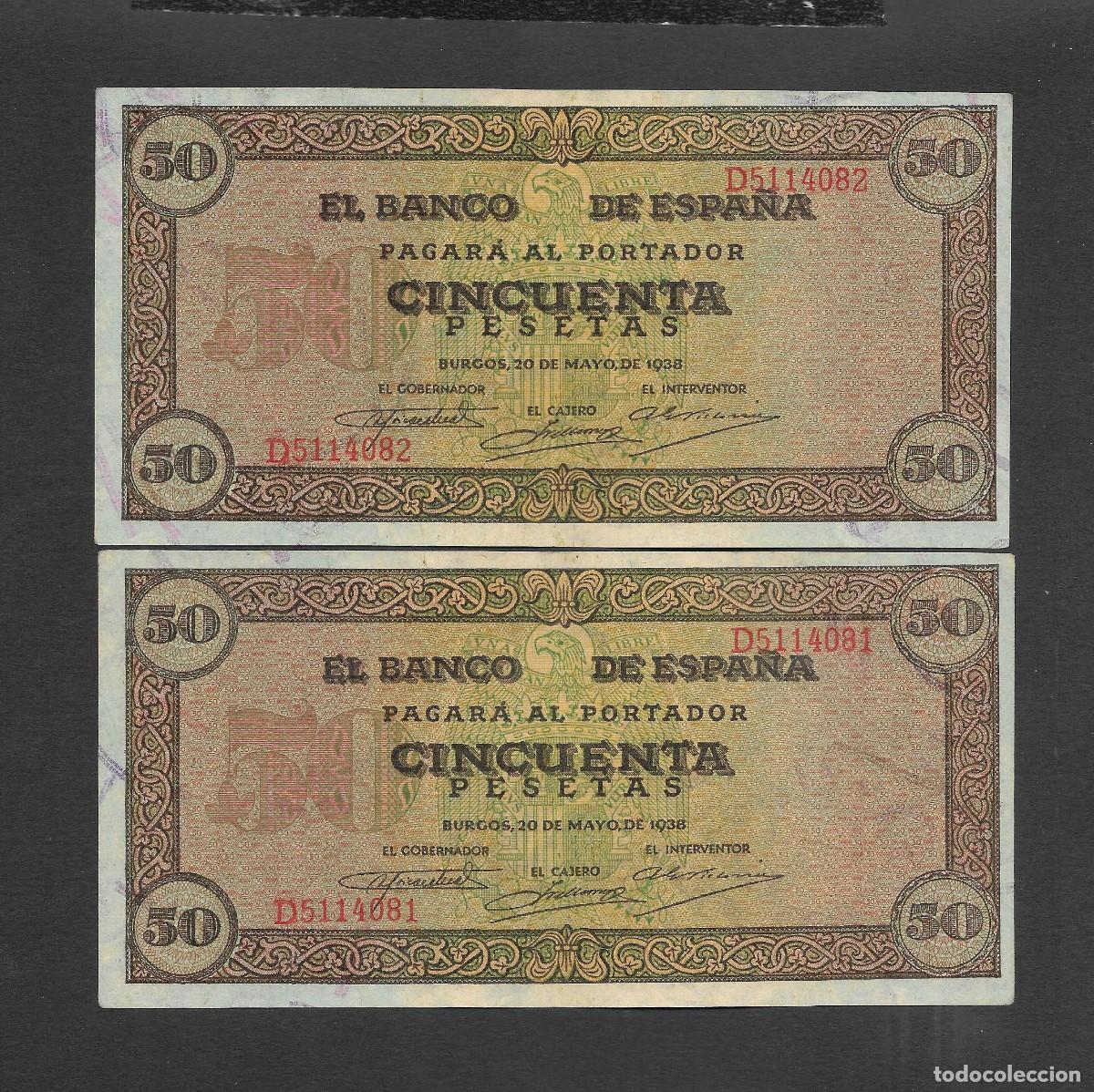 Billetes espa&ntilde;oles: PAREJA CORRELATIVA 50 PESETAS 1938 SERIE D EBC+