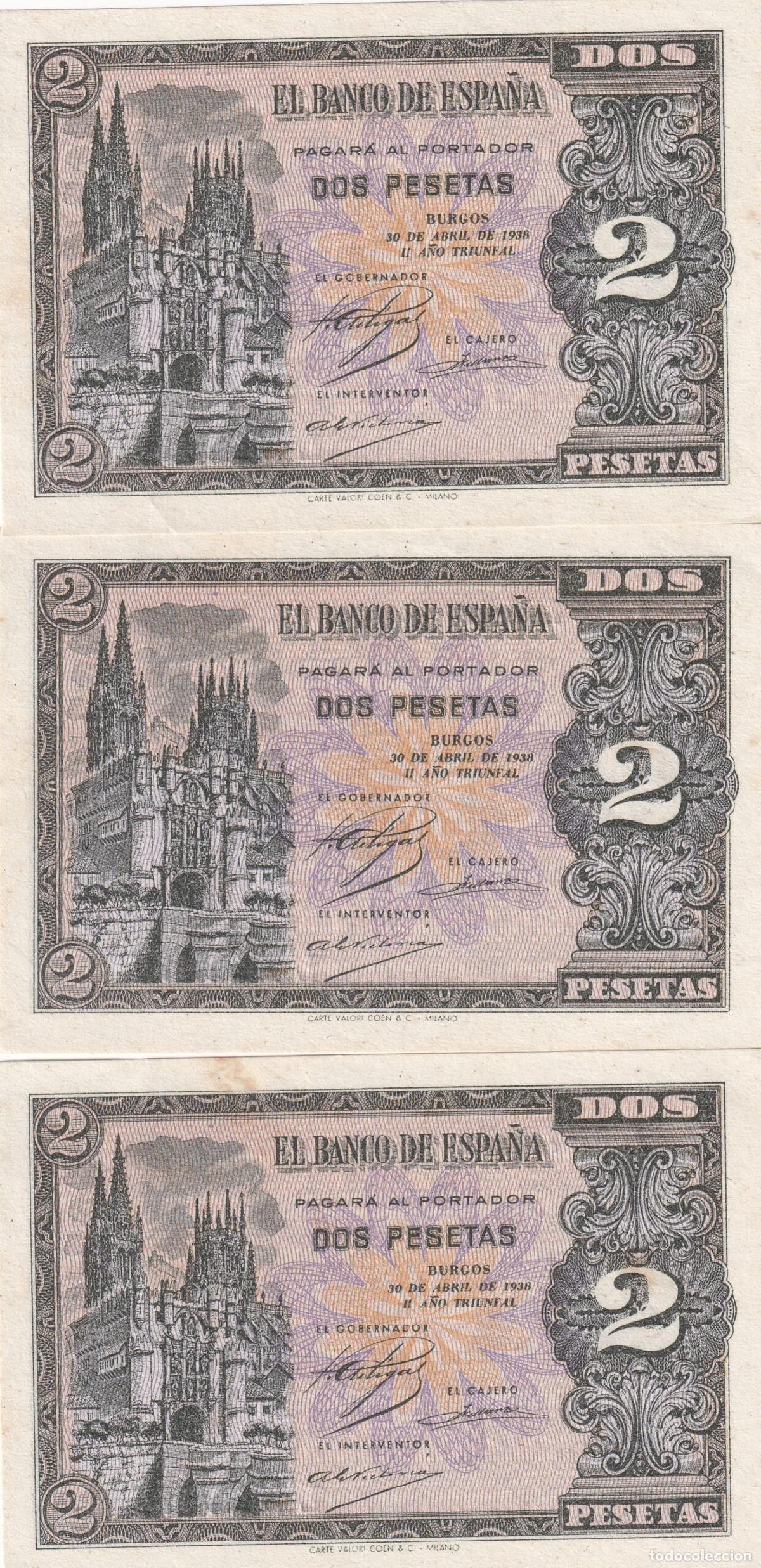 Billetes espa&ntilde;oles: CRBS2187 TRIO CORRELATIVO BILLETES ESPA&Ntilde;A 2 PESETAS 1938 SERIE L S/C-