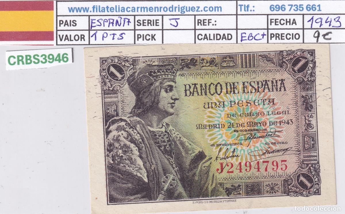 Billetes espa&ntilde;oles: CRBS3946 BILLETE ESPA&Ntilde;A 1 PESETAS 1943 SERIE J EBC+