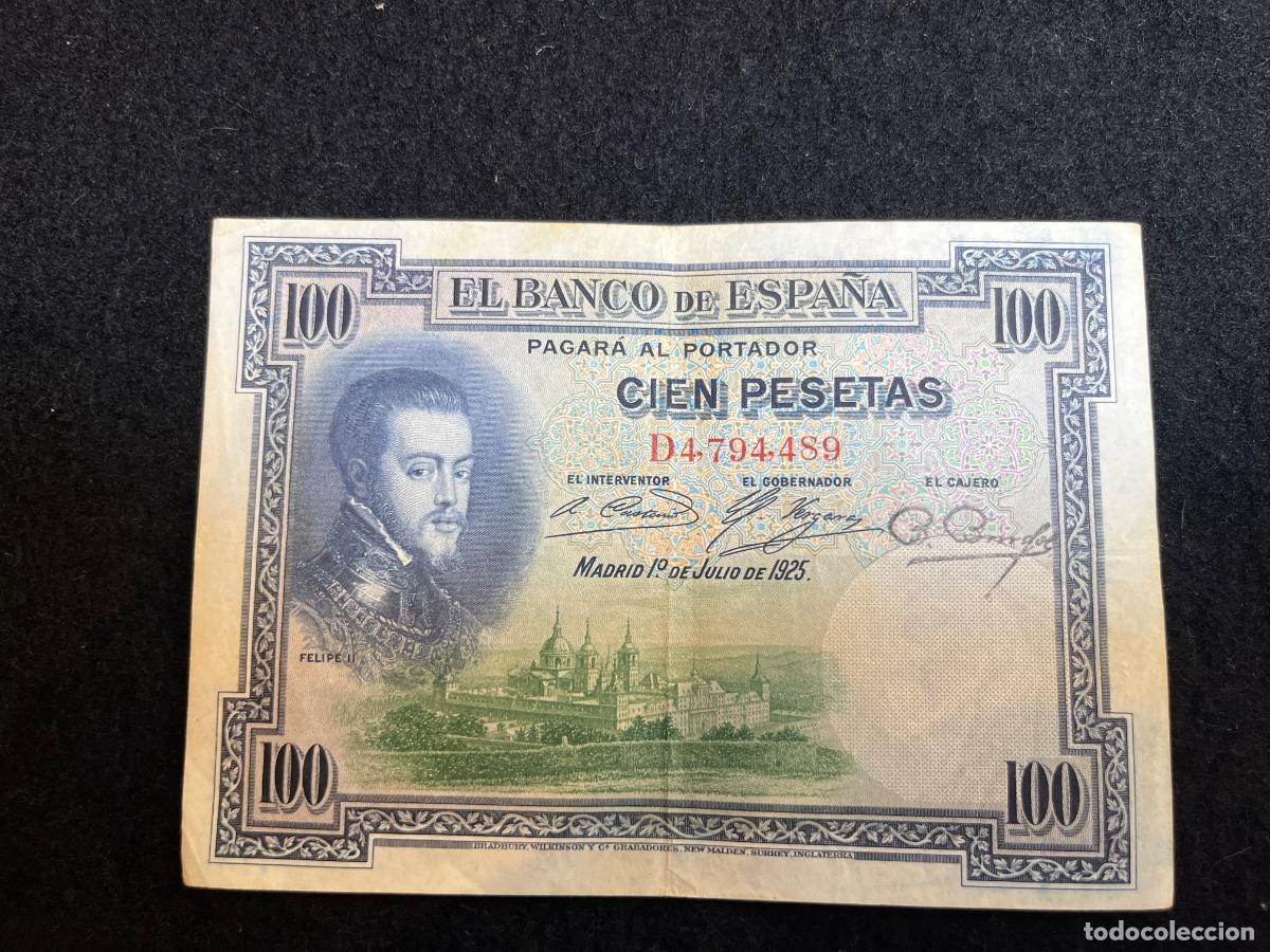 Notas espanholas: T&Iacute;TULO SEO Billete 100 pesetas 1925 Felipe II Banco de Espa&ntilde;a serie D La silla de Felipe II Escor