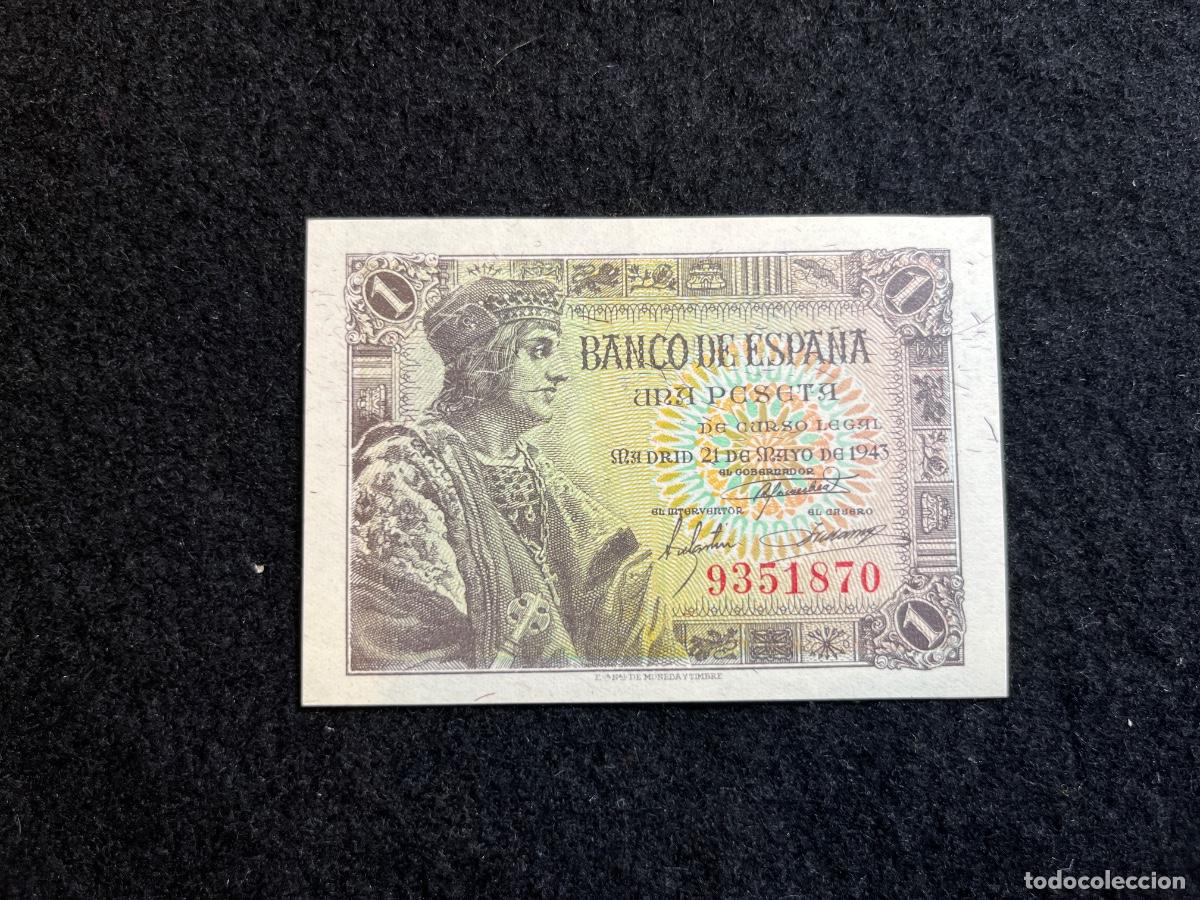 Notas espanholas: Billete 1 peseta 1943 Banco de Espa&ntilde;a Fernando el Cat&oacute;lico serie sin letra reverso Crist&oacute;bal Col&oacute;n L