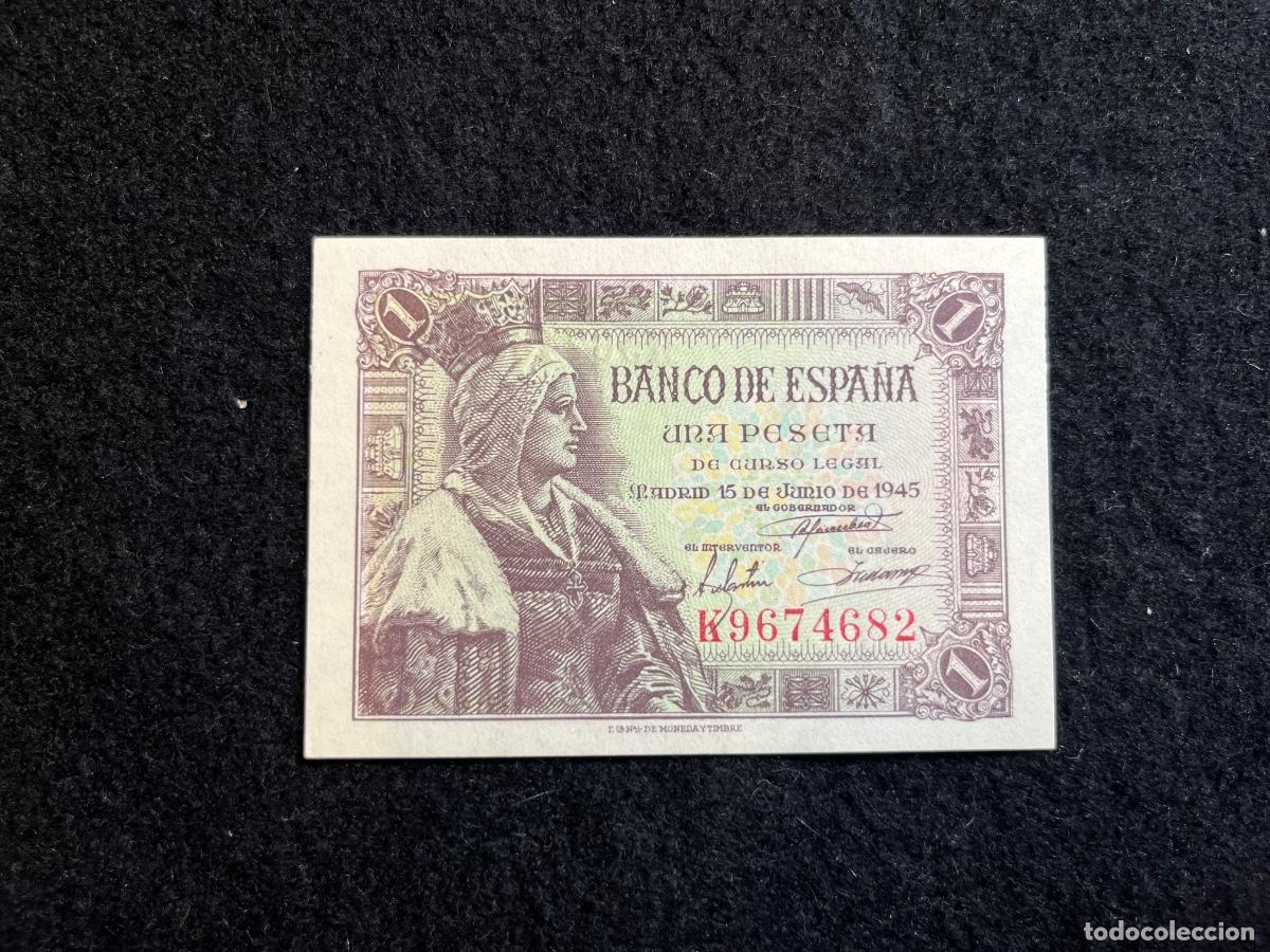 Banconote spagnole: Billete 1 peseta 1945 Banco de Espa&ntilde;a Isabel la Cat&oacute;lica serie K mapa Am&eacute;rica ind&iacute;gena notafilia esp