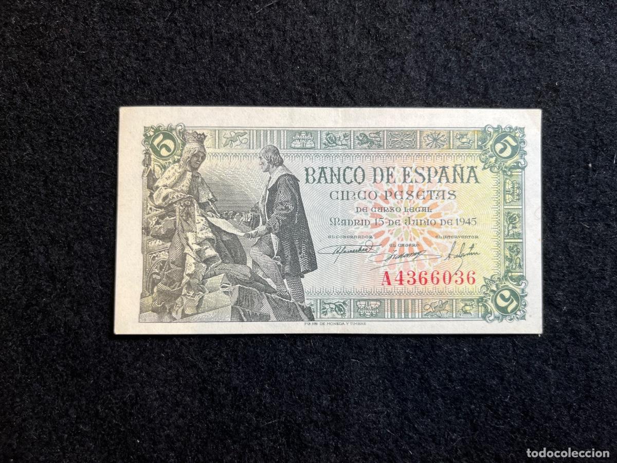 Billets espagnols: Billete 5 pesetas 1945 Banco de Espa&ntilde;a Isabel la Cat&oacute;lica y Col&oacute;n serie A Capitulaciones de Santa Fe
