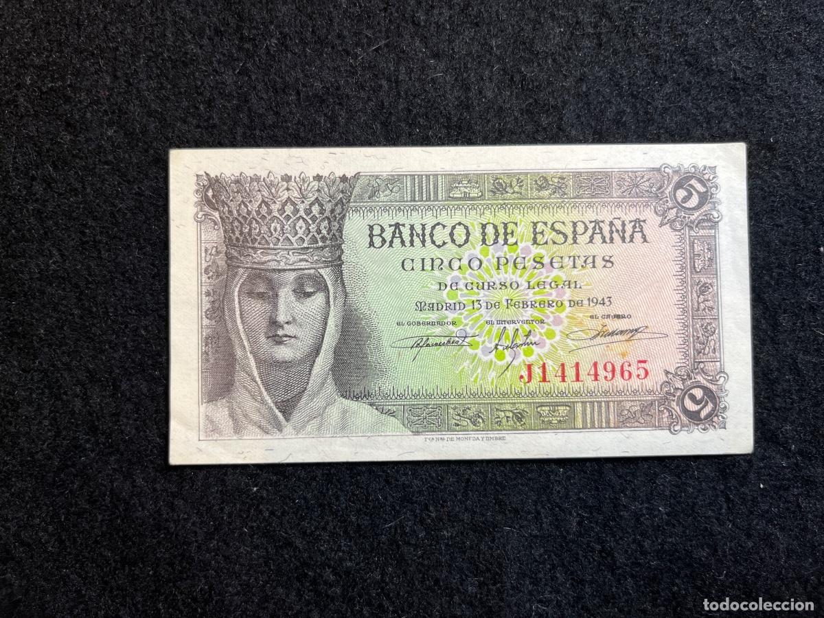 Notas espanholas: Billete 5 pesetas 1943 Banco de Espa&ntilde;a Isabel la Cat&oacute;lica serie J Crist&oacute;bal Col&oacute;n convento de La R&aacute;b