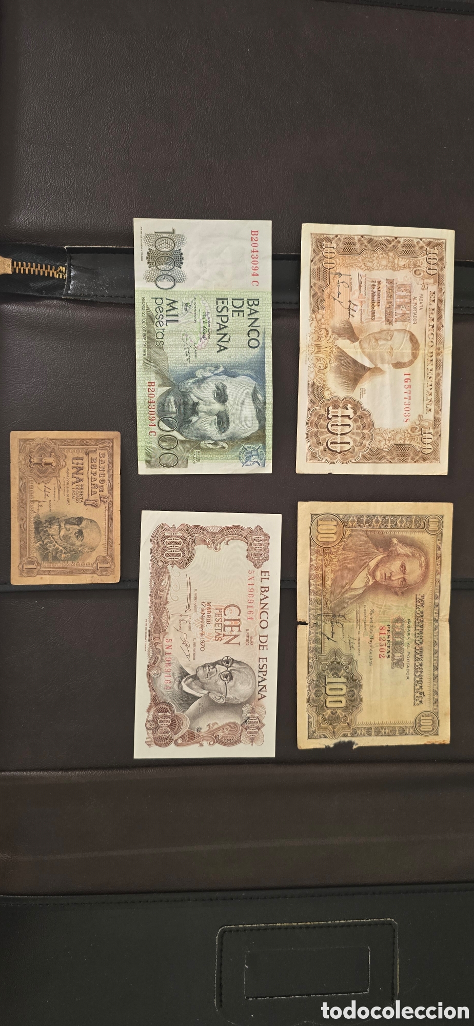 Billetes espa&ntilde;oles: Lote 5 billetes Espa&ntilde;a: 100 pesetas 1948 Bayeu, 1953, 1970 + 1.000 pts 1979 + 1 peseta 1953