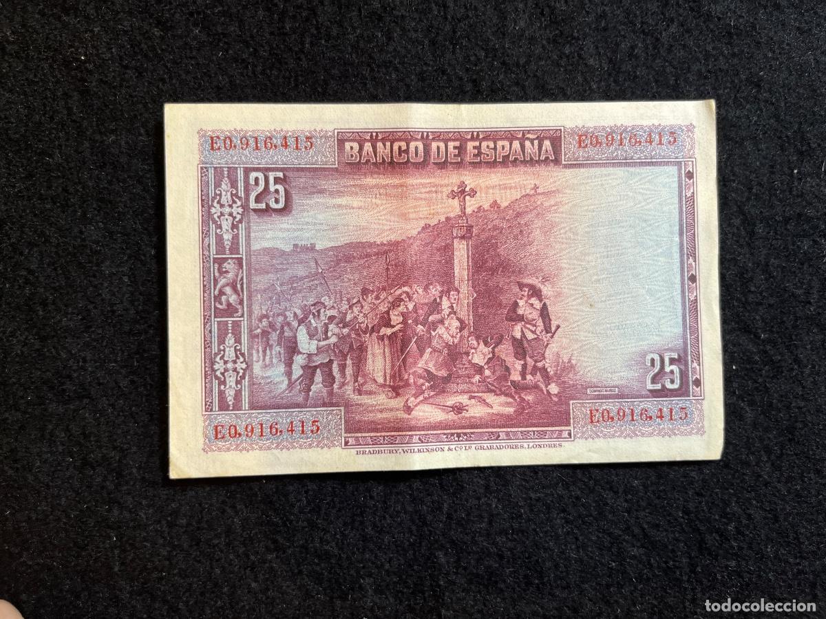 Notas espanholas: Billete 25 pesetas 1928 Banco de Espa&ntilde;a Calder&oacute;n de la Barca serie E0 Bradbury Wilkinson MBC+