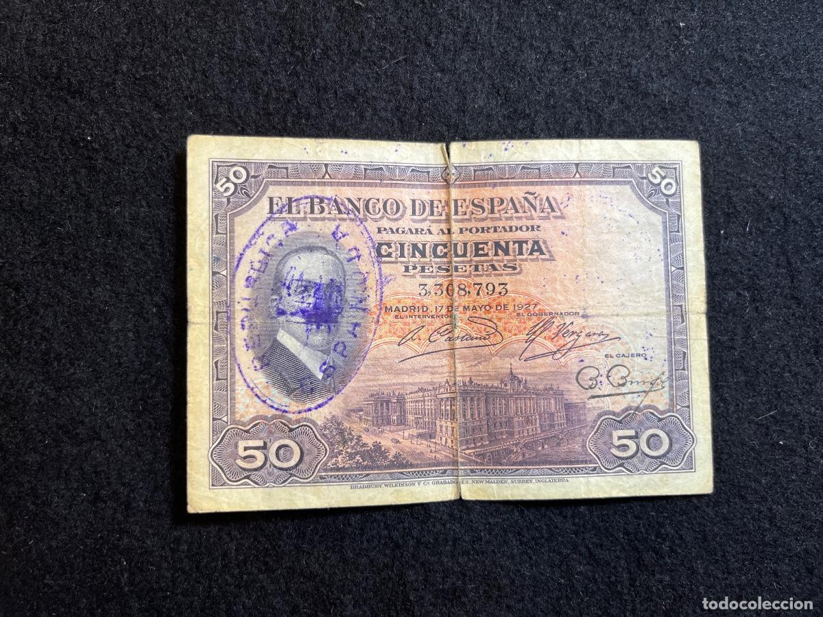 Banconote spagnole: Billete 50 pesetas 1927 Banco de Espa&ntilde;a Alfonso XIII resellado Rep&uacute;blica Espa&ntilde;ola Fundaci&oacute;n de Bueno