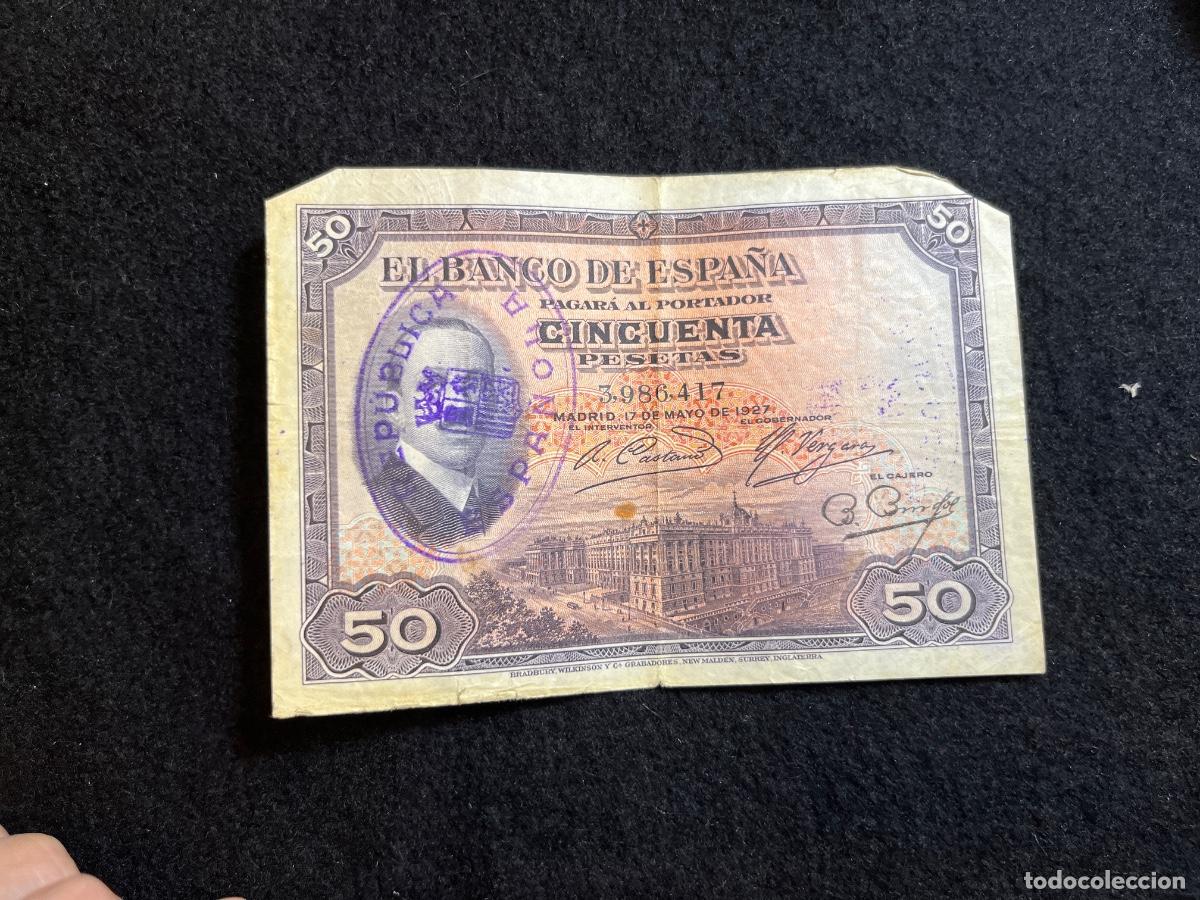 Spanische Banknoten: Billete 50 pesetas 1927 Banco de Espa&ntilde;a Alfonso XIII con sello Rep&uacute;blica Espa&ntilde;ola Fundaci&oacute;n de Bueno