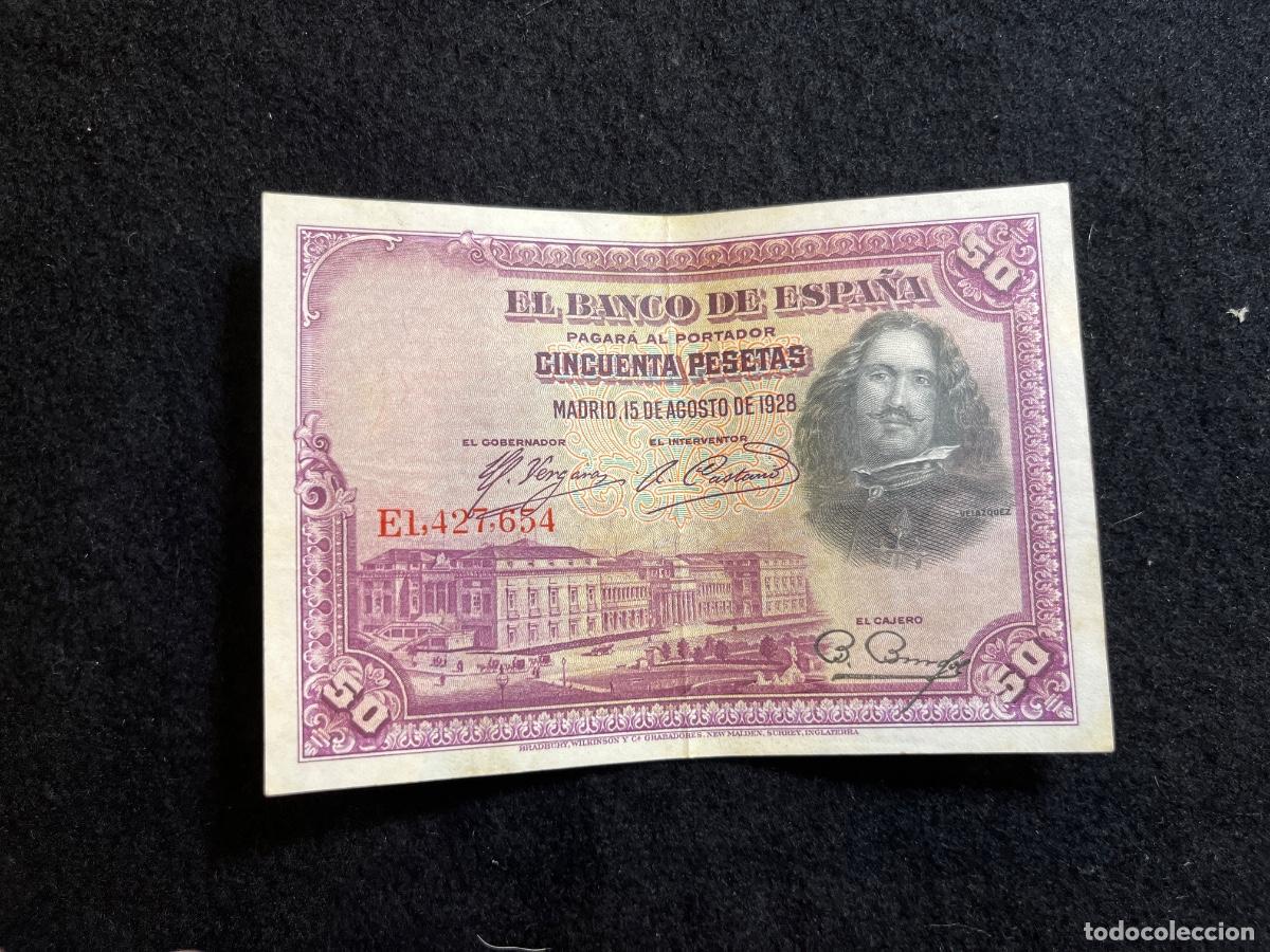 Spanish Banknotes: Billete 50 pesetas 1928 Banco de Espa&ntilde;a Vel&aacute;zquez serie E1.427.654 MBC notafilia espa&ntilde;ola