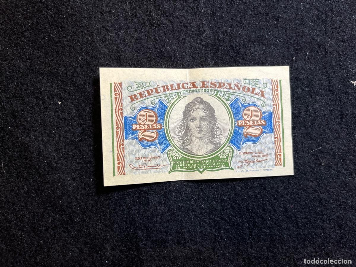 Notas espanholas: Billete 2 pesetas Rep&uacute;blica Espa&ntilde;ola emisi&oacute;n 1938 serie B4762089 MBC Guerra Civil notafilia espa&ntilde;ola