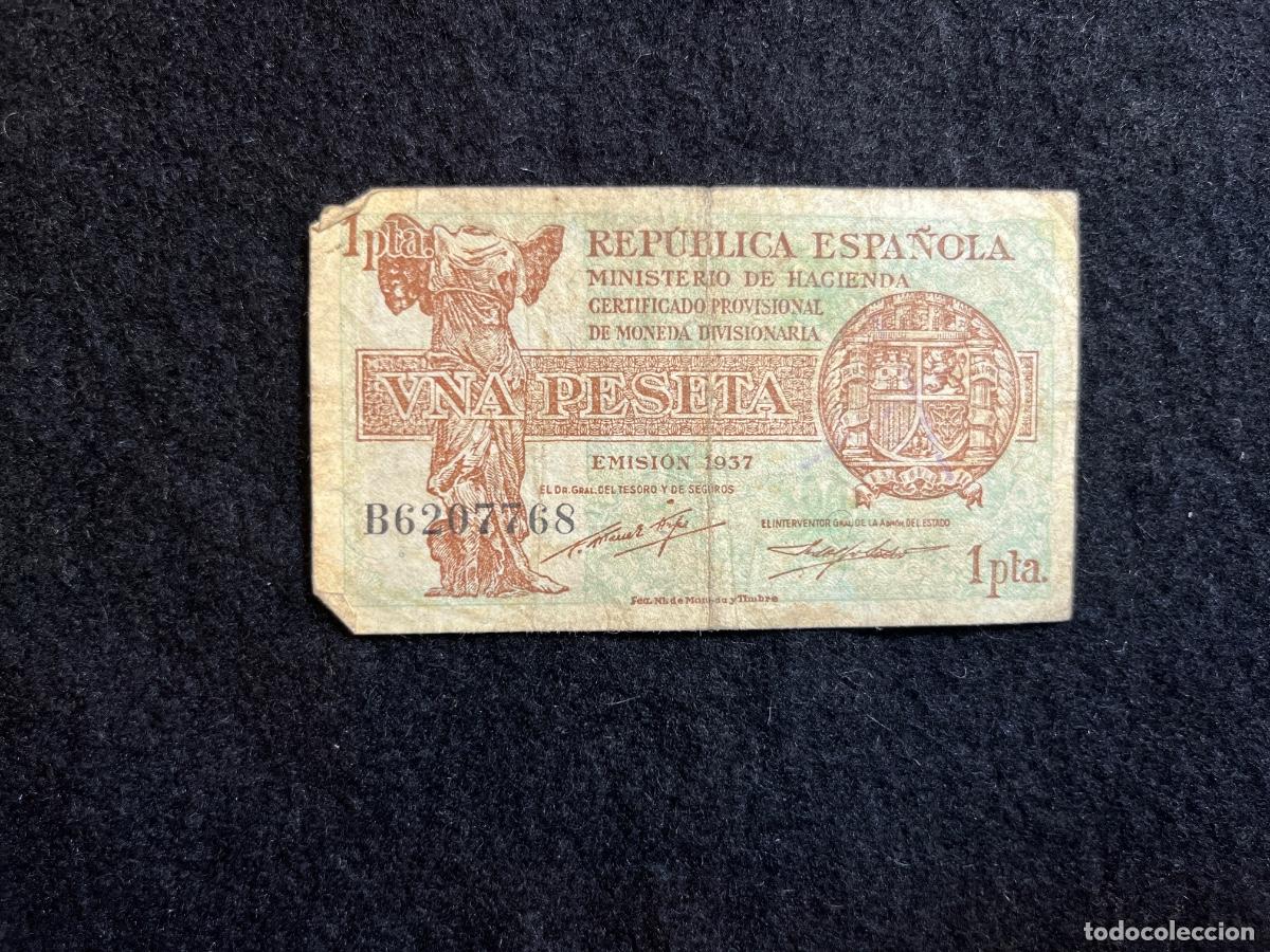 Notas espanholas: Billete 1 peseta Rep&uacute;blica Espa&ntilde;ola emisi&oacute;n 1937 certificado provisional serie B6207068 Guerra Civil