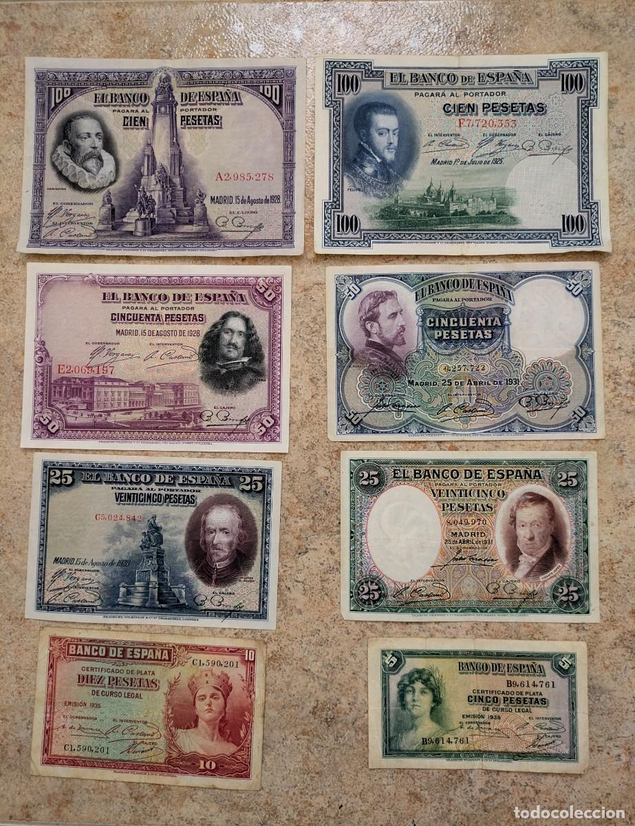 Notas espanholas: Lote billetes de 5, 10, 25, 50 y 100 pesetas