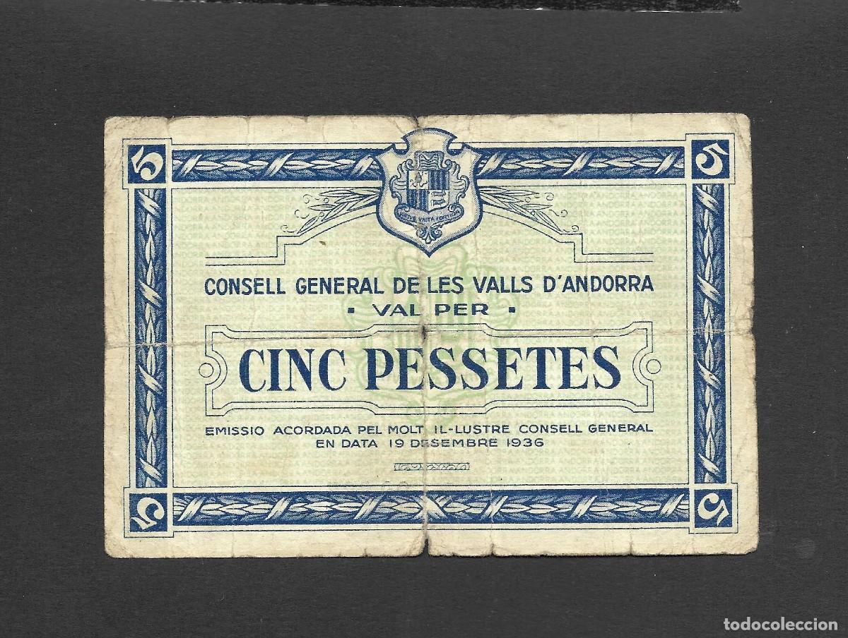 Billetes espa&ntilde;oles: ANDORRA 5 PESETAS 1936 AZUL MBC-