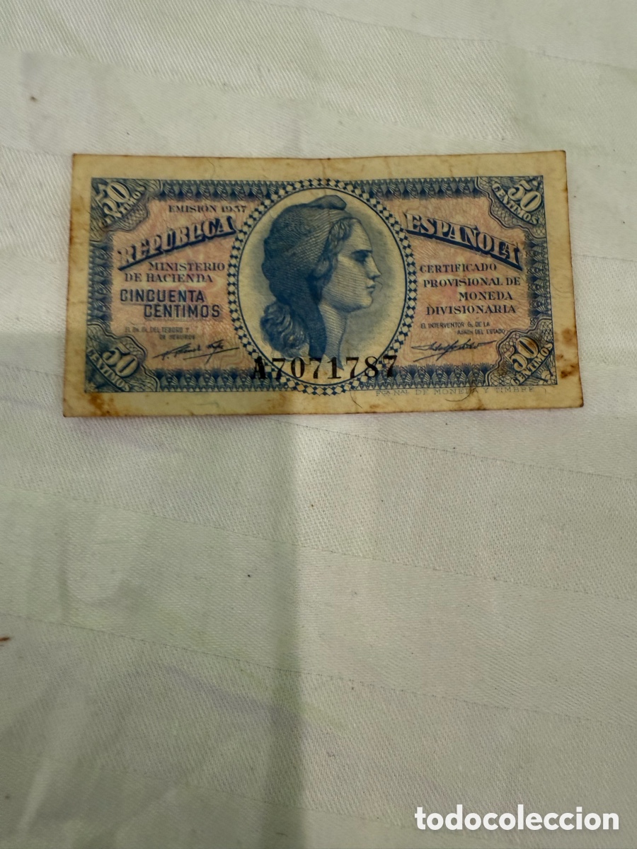 Spanish Banknotes: Billete 50 c&eacute;ntimos Rep&uacute;blica Espa&ntilde;ola 1937 &ndash; Certificado Provisional &ndash; Serie A