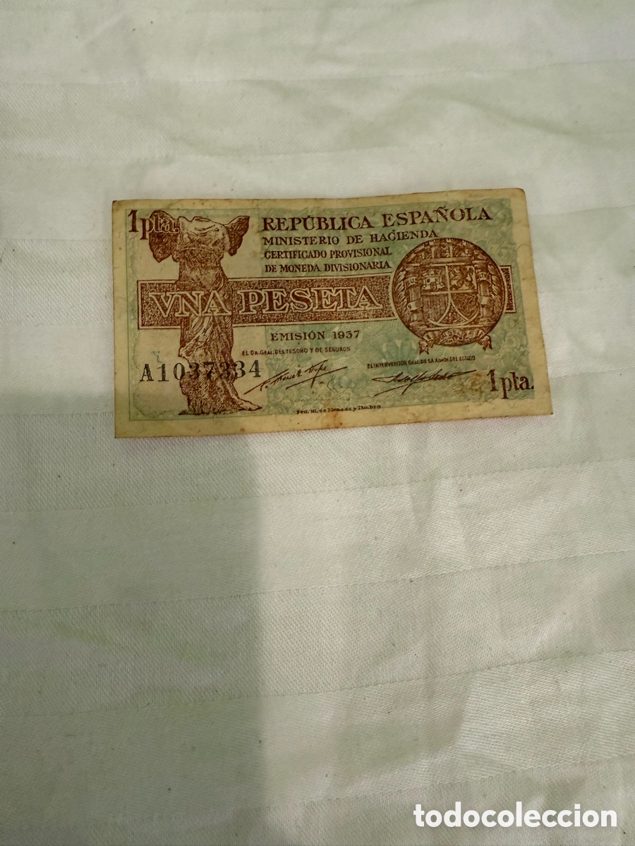 Notas espanholas: Billete 1 peseta Rep&uacute;blica Espa&ntilde;ola 1937 &ndash; Certificado Provisional &ndash; Guerra Civil