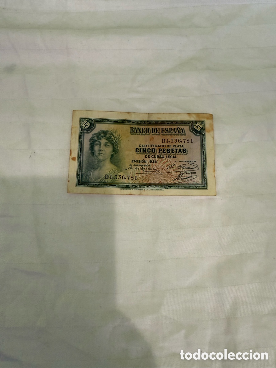 Notas espanholas: Billete 5 pesetas 1935 Certificado de Plata &ndash; Serie D &ndash; Segunda Rep&uacute;blica