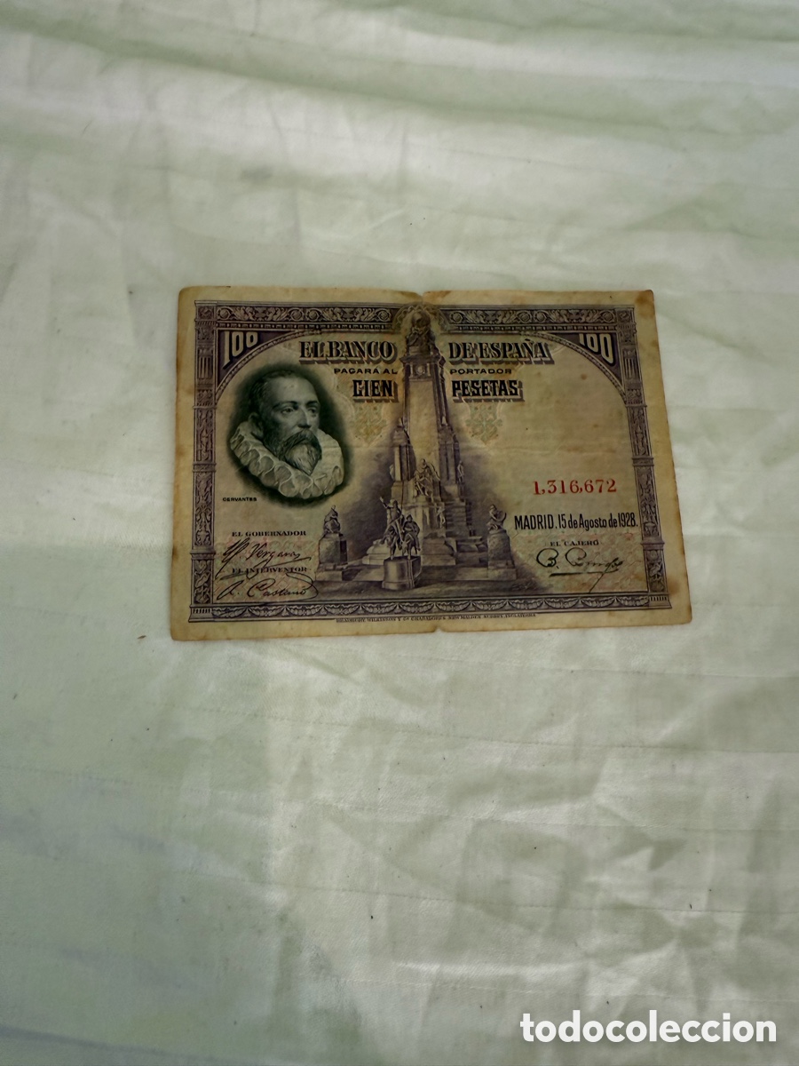 Notas espanholas: Billete 100 pesetas 1928 Cervantes &ndash; SIN SERIE &ndash; N&ordm; 1.516.672