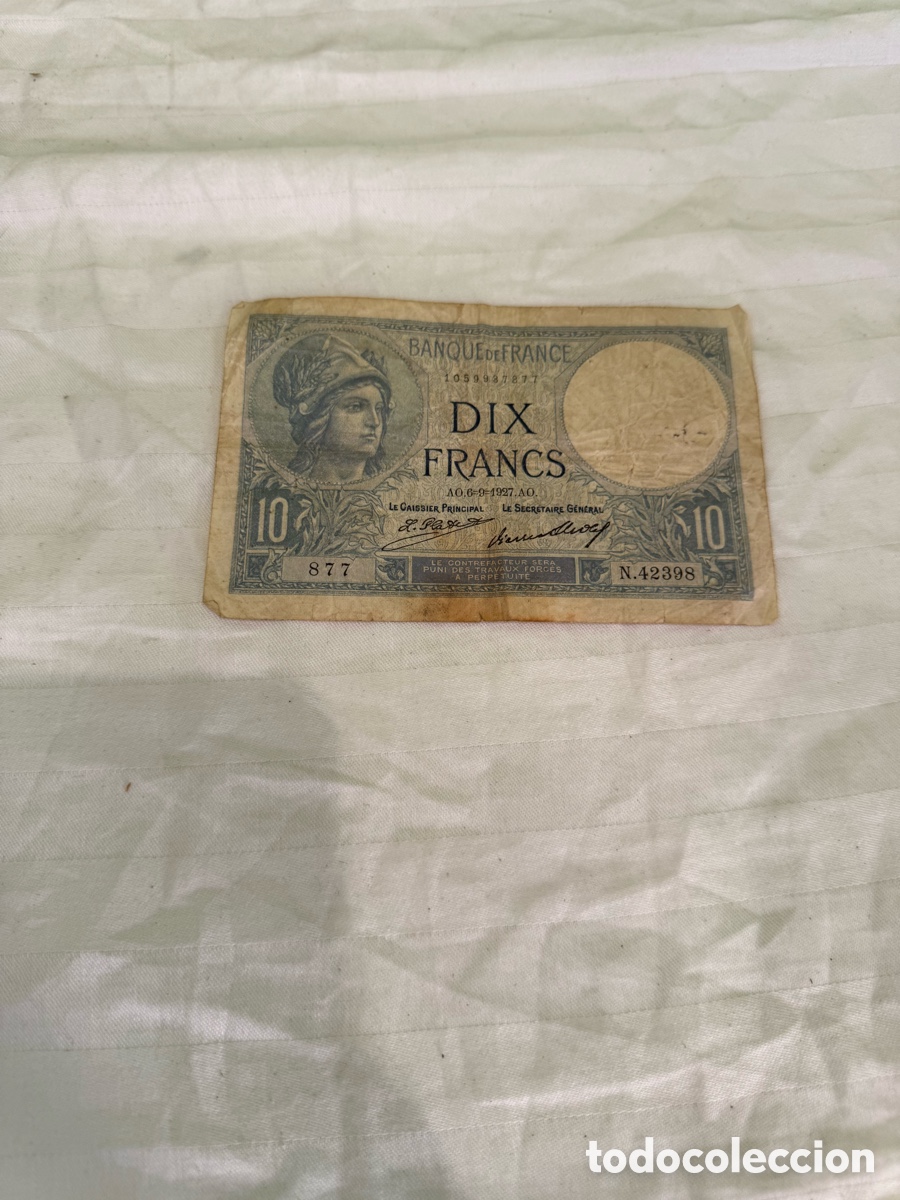 Billets espagnols: Billete Francia 10 francos Minerve 1927 &ndash; Banque de France &ndash; N&ordm; 42398