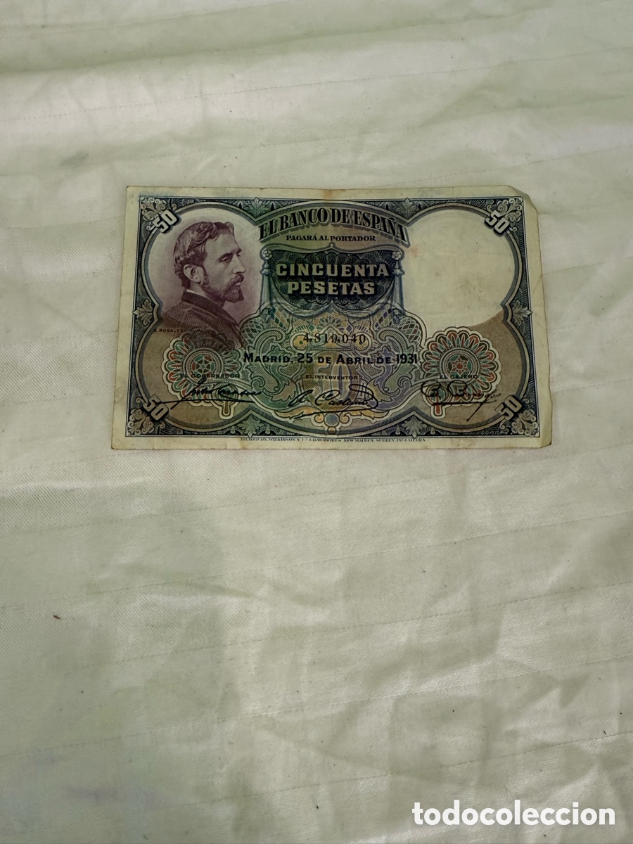 Notas espanholas: 50 PESETAS 1931 &ndash; EDUARDO ROSALES &ndash; SIN SERIE &ndash; N&ordm; 4.819.040 &ndash; ORIGINAL