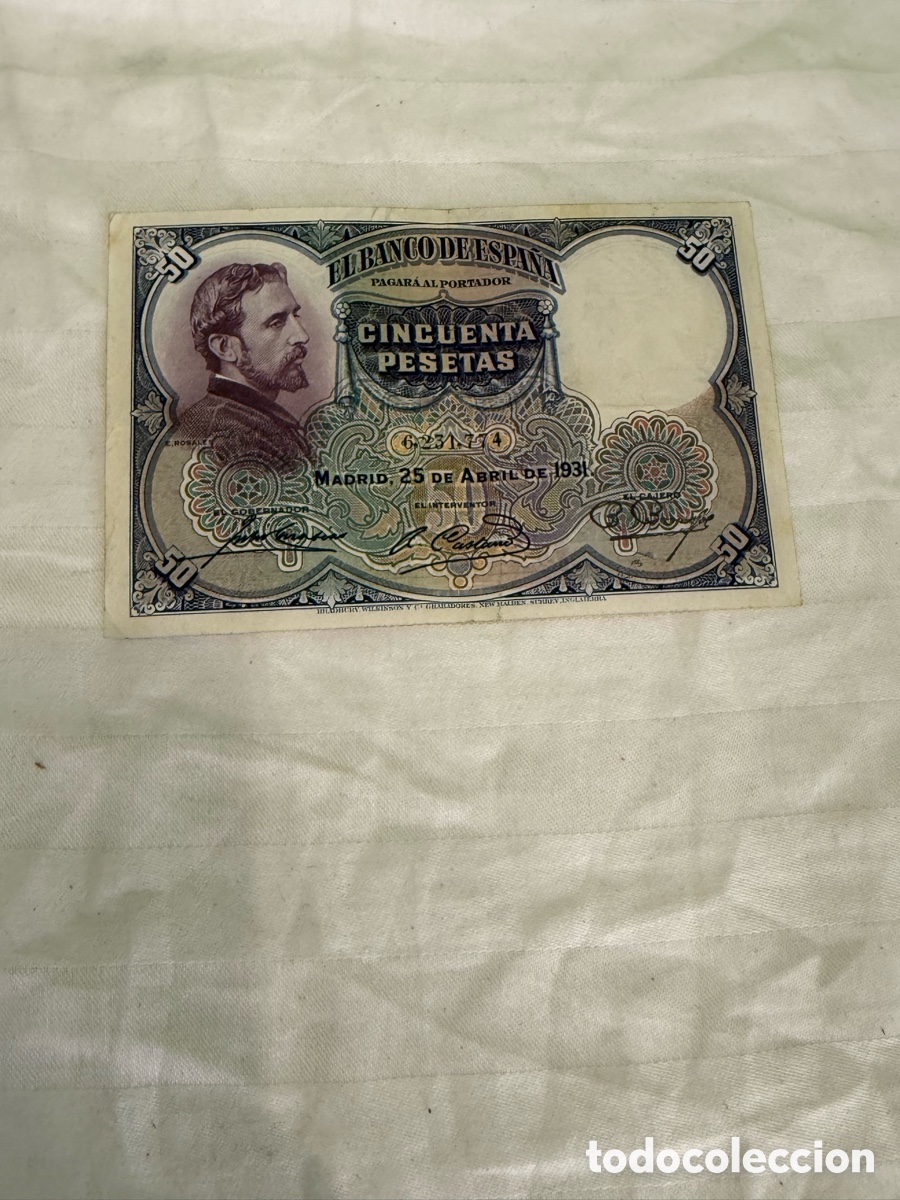 Notas espanholas: 50 PESETAS 1931 &ndash; EDUARDO ROSALES &ndash; SIN SERIE &ndash; N&ordm; 6.231.774 &ndash; ORIGINAL