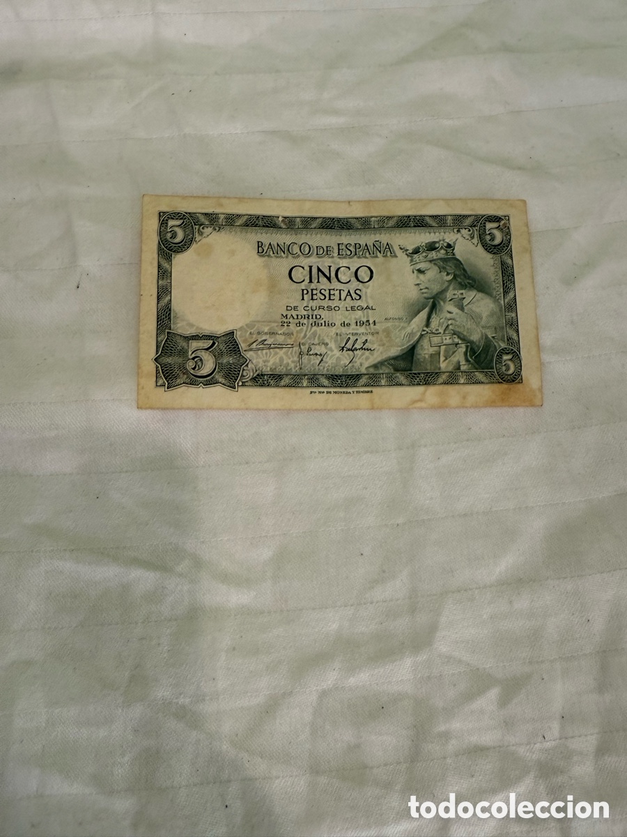 Billets espagnols: 5 PESETAS 1954 &ndash; ALFONSO X EL SABIO &ndash; SERIE T &ndash; T6625038 &ndash; BANCO DE ESPA&Ntilde;A &ndash; ORIGINAL