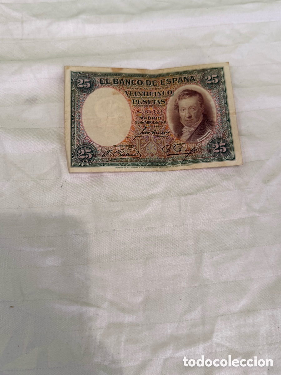 Notas espanholas: 25 PESETAS 1931 &ndash; VICENTE L&Oacute;PEZ &ndash; SIN SERIE &ndash; N&ordm; 8.131.121 &ndash; ORIGINAL