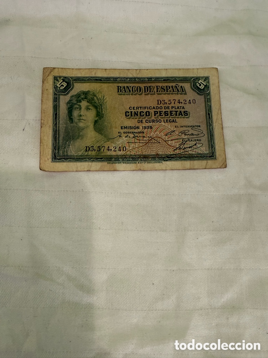 Spanish Banknotes: 5 PESETAS 1935 &ndash; CERTIFICADO DE PLATA &ndash; SERIE D &ndash; D3.574.240 &ndash; II REP&Uacute;BLICA &ndash; ORIGINAL