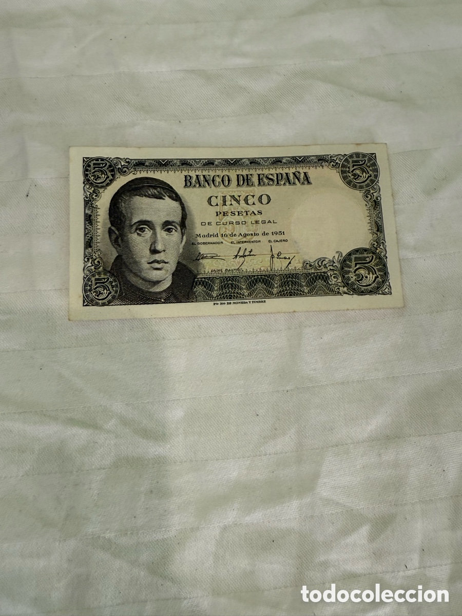 Billets espagnols: 5 PESETAS 1951 &ndash; JAIME BALMES &ndash; SERIE 1F &ndash; 1F5272036 &ndash; BANCO DE ESPA&Ntilde;A &ndash; ORIGINAL