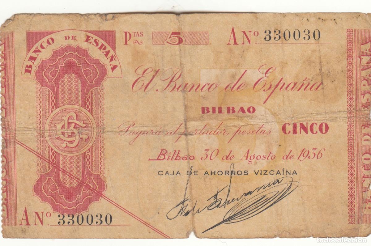 Billets espagnols: BILLETE: 5 PESETAS 1936 SERIE A - BANCO DE ESPA&Ntilde;A BILBAO / CAJA AHORROS VIZCAINA