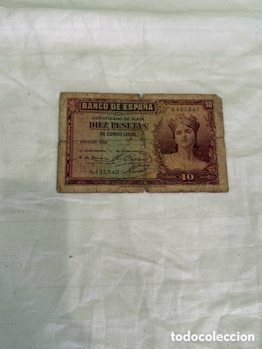 Billets espagnols: 10 PESETAS 1935 &ndash; CERTIFICADO DE PLATA &ndash; SIN SERIE &ndash; N&ordm; 6.457.643 &ndash; II REP&Uacute;BLICA &ndash; ORIGINAL