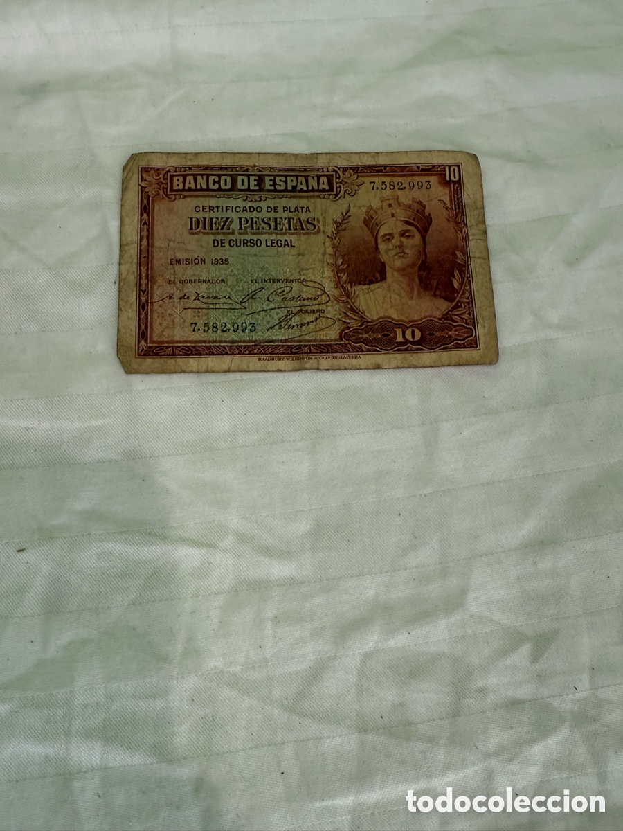 Notas espanholas: 10 PESETAS 1935 &ndash; CERTIFICADO DE PLATA &ndash; SIN SERIE &ndash; N&ordm; 7.582.993 &ndash; II REP&Uacute;BLICA &ndash; ORIGINAL