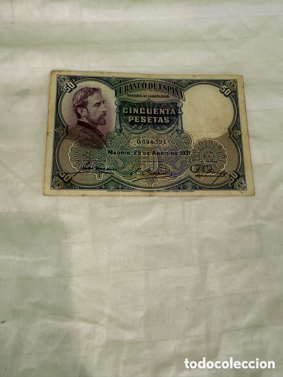 Notas espanholas: 50 PESETAS 1931 &ndash; EDUARDO ROSALES &ndash; SIN SERIE &ndash; N&ordm; 0.694.391 &ndash; BANCO DE ESPA&Ntilde;A &ndash; ORIGINAL