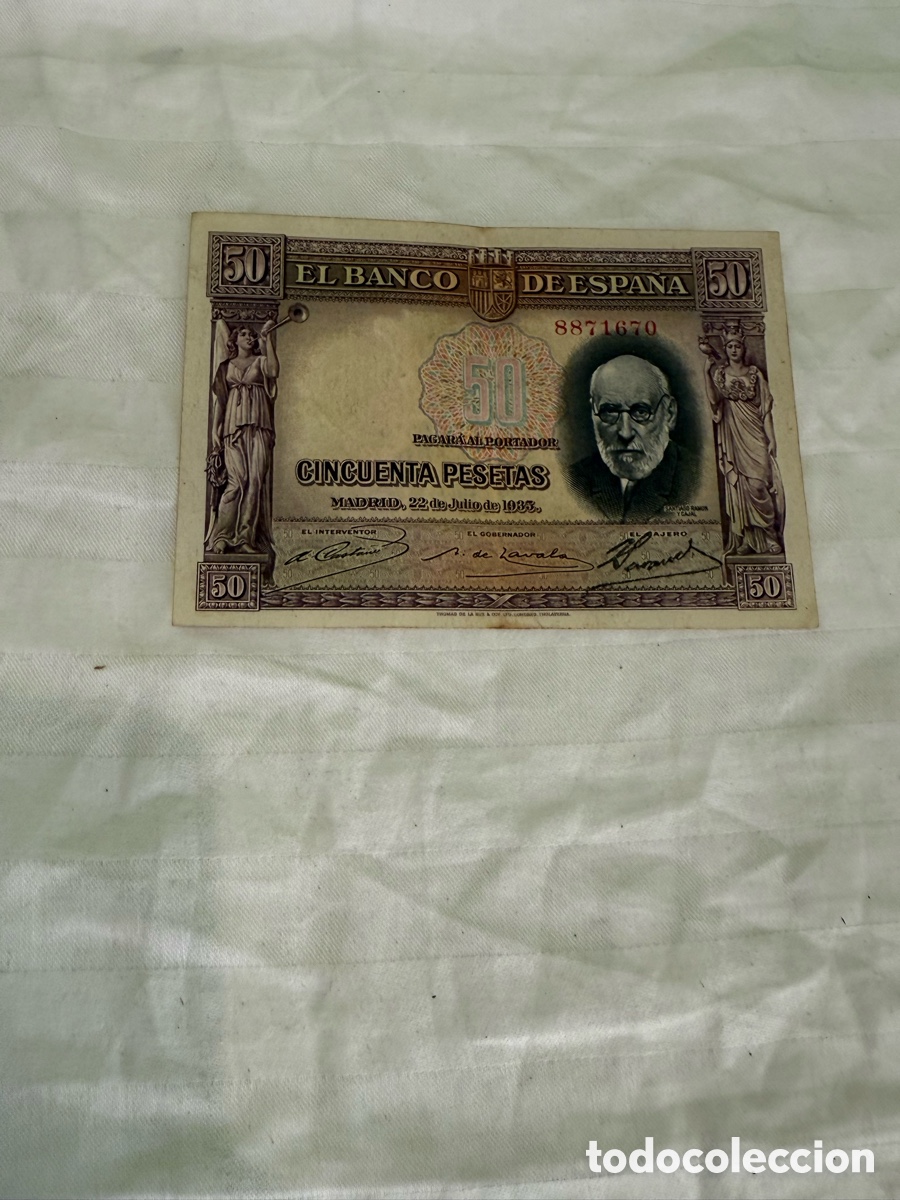 Banconote spagnole: 50 PESETAS 1935 &ndash; SANTIAGO RAM&Oacute;N Y CAJAL &ndash; SIN SERIE &ndash; N&ordm; 8.871.670 &ndash; II REP&Uacute;BLICA &ndash; ORIGINAL