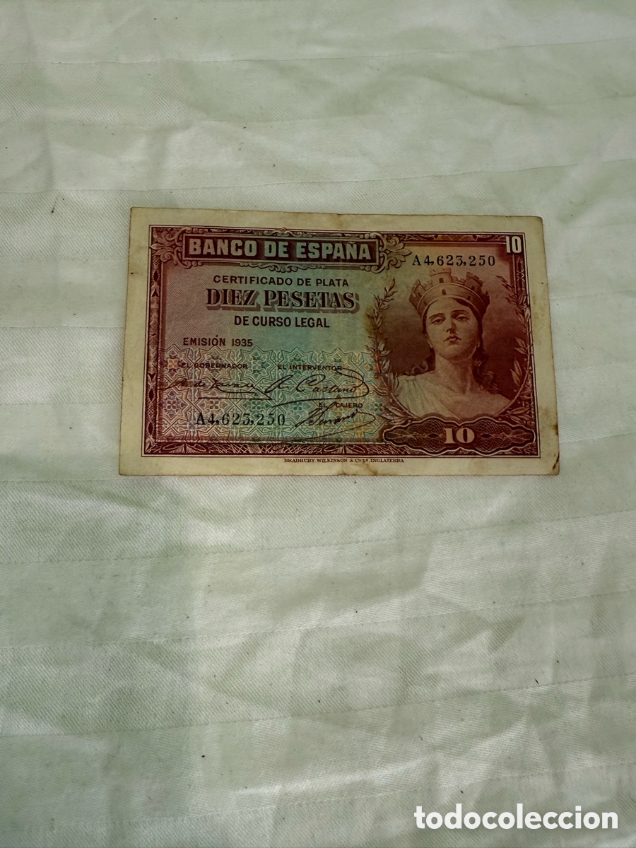 Notas espanholas: 10 PESETAS 1935 &ndash; CERTIFICADO DE PLATA &ndash; SERIE A &ndash; A4.623.250 &ndash; II REP&Uacute;BLICA &ndash; ORIGINAL
