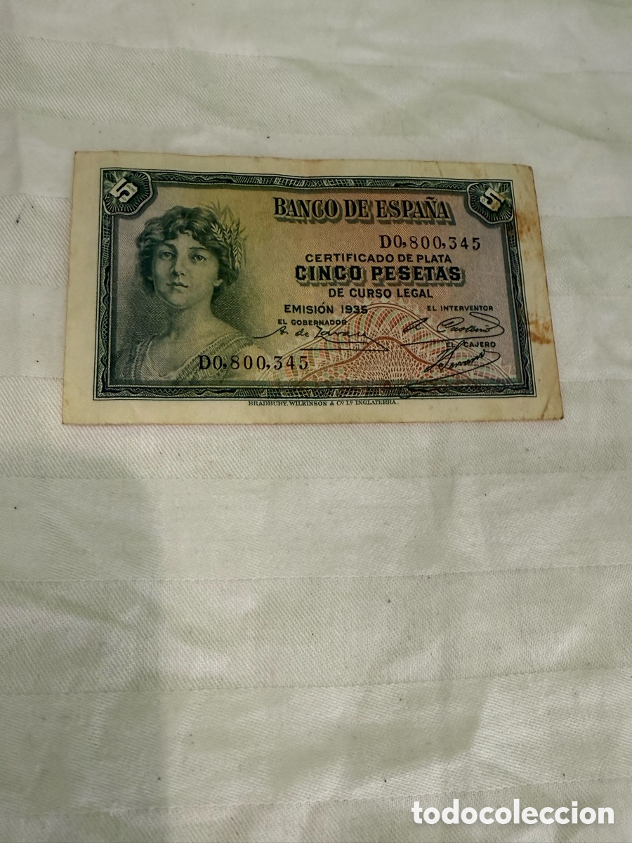 Notas espanholas: 5 PESETAS 1935 &ndash; CERTIFICADO DE PLATA &ndash; SERIE D &ndash; D0.800.345 &ndash; II REP&Uacute;BLICA &ndash; ORIGINAL